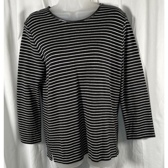 Ann Taylor Long Sleeves Striped Faux Leather Neckline Top Black White L 86-20 - Picture 1 of 15